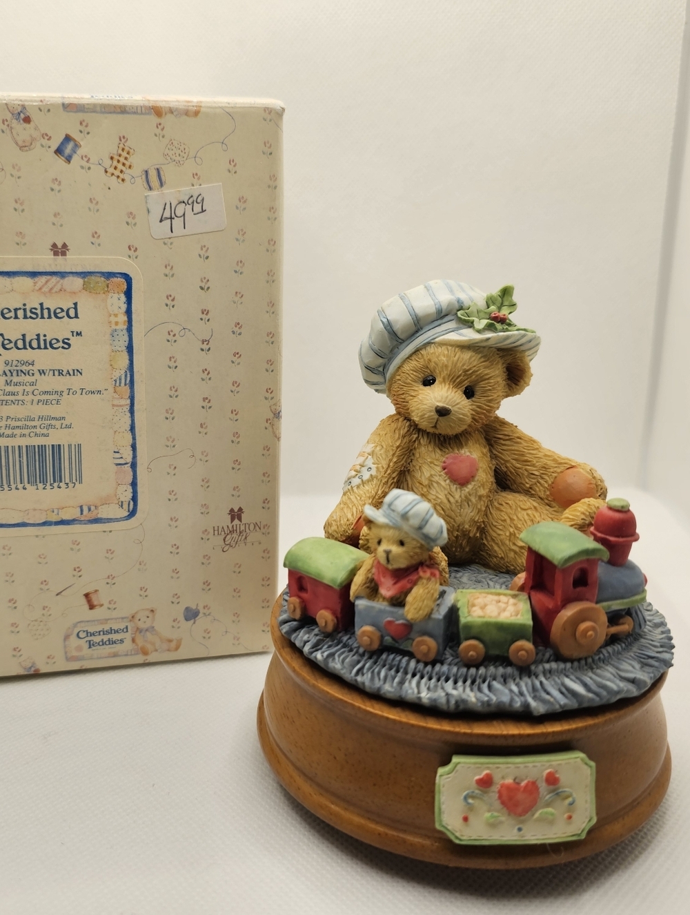 New Cherished Teddies bear train music figurine tune Santa coming town Christmas